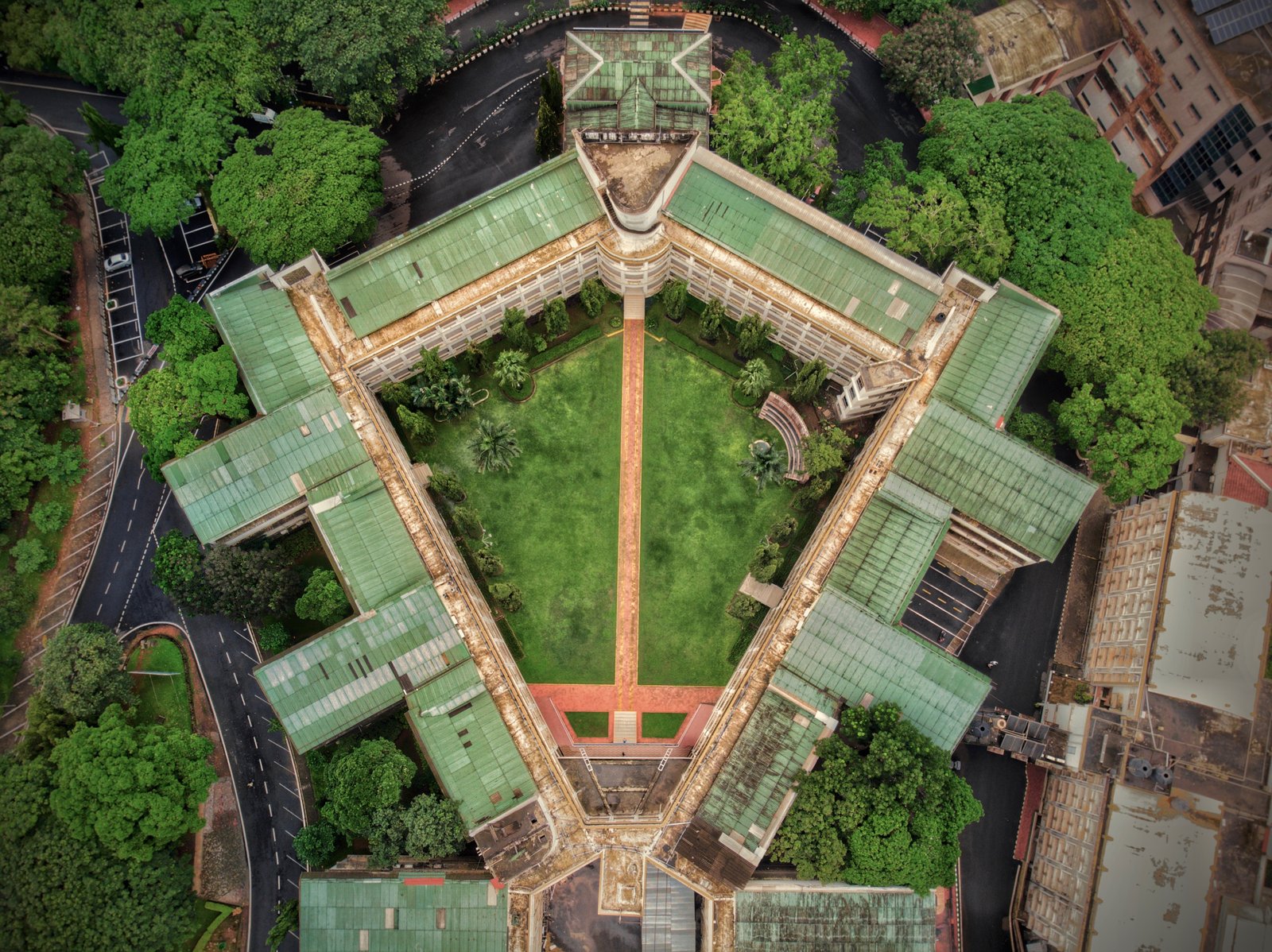 Aerial view of the green quadrangle within MIT Manipal Academic Block 1