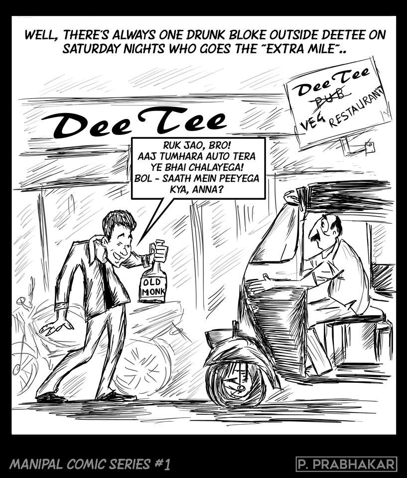 Black-and-white DeeTee scene from the Manipal Comic Series